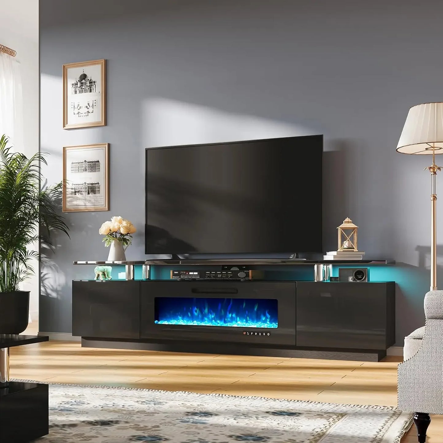 TV Cabinet, with Fireplace, Modern High Gloss Fireplace Entertainment Center LED Lights, 2 Tier TV Console Cabinet, Living Room