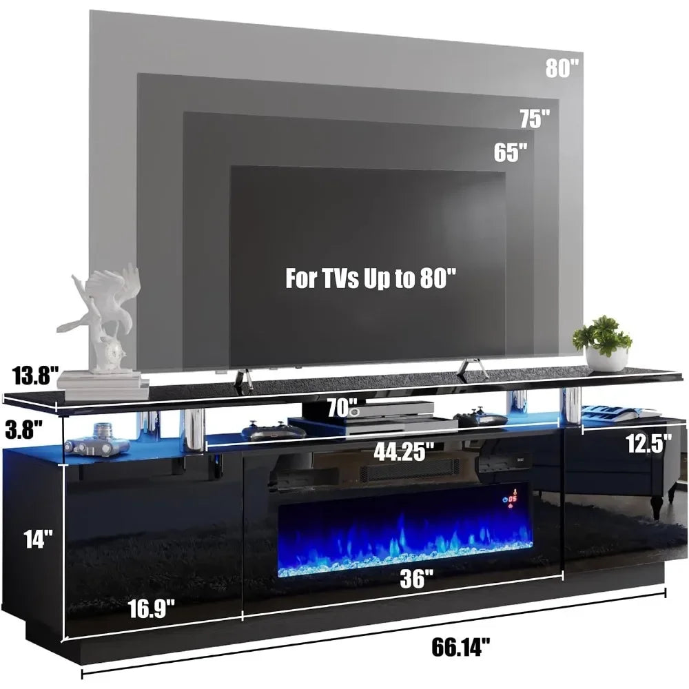 TV Cabinet, with Fireplace, Modern High Gloss Fireplace Entertainment Center LED Lights, 2 Tier TV Console Cabinet, Living Room