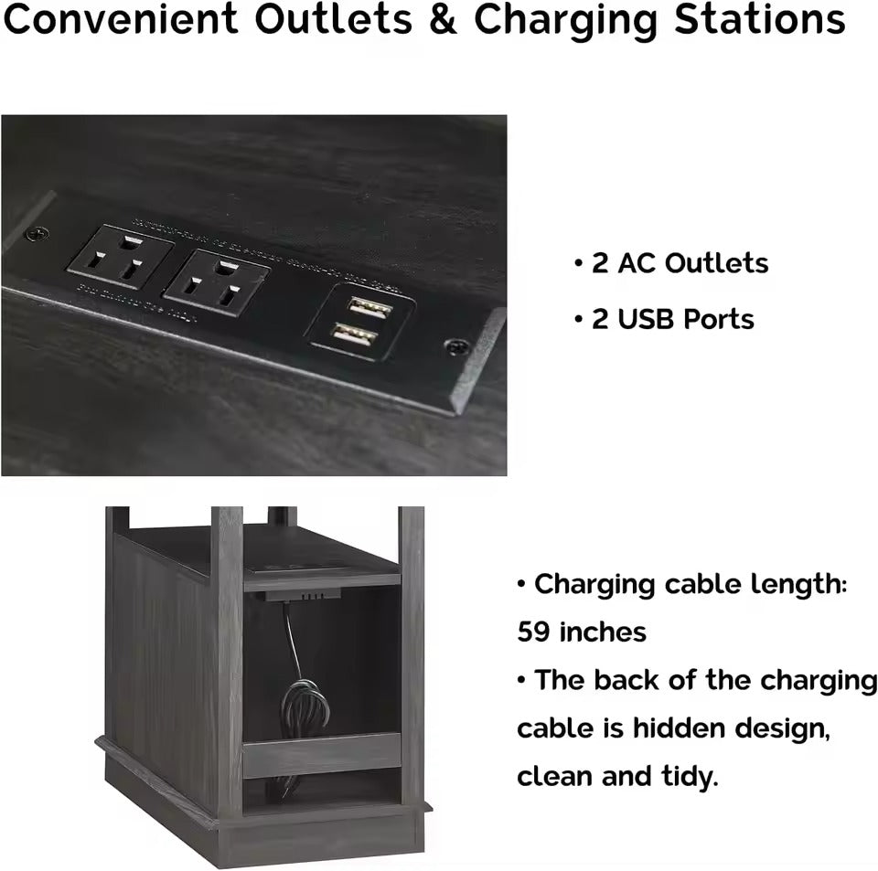 Black End Table with Charging Station | Narrow Nightstand with Adjustable Shelves