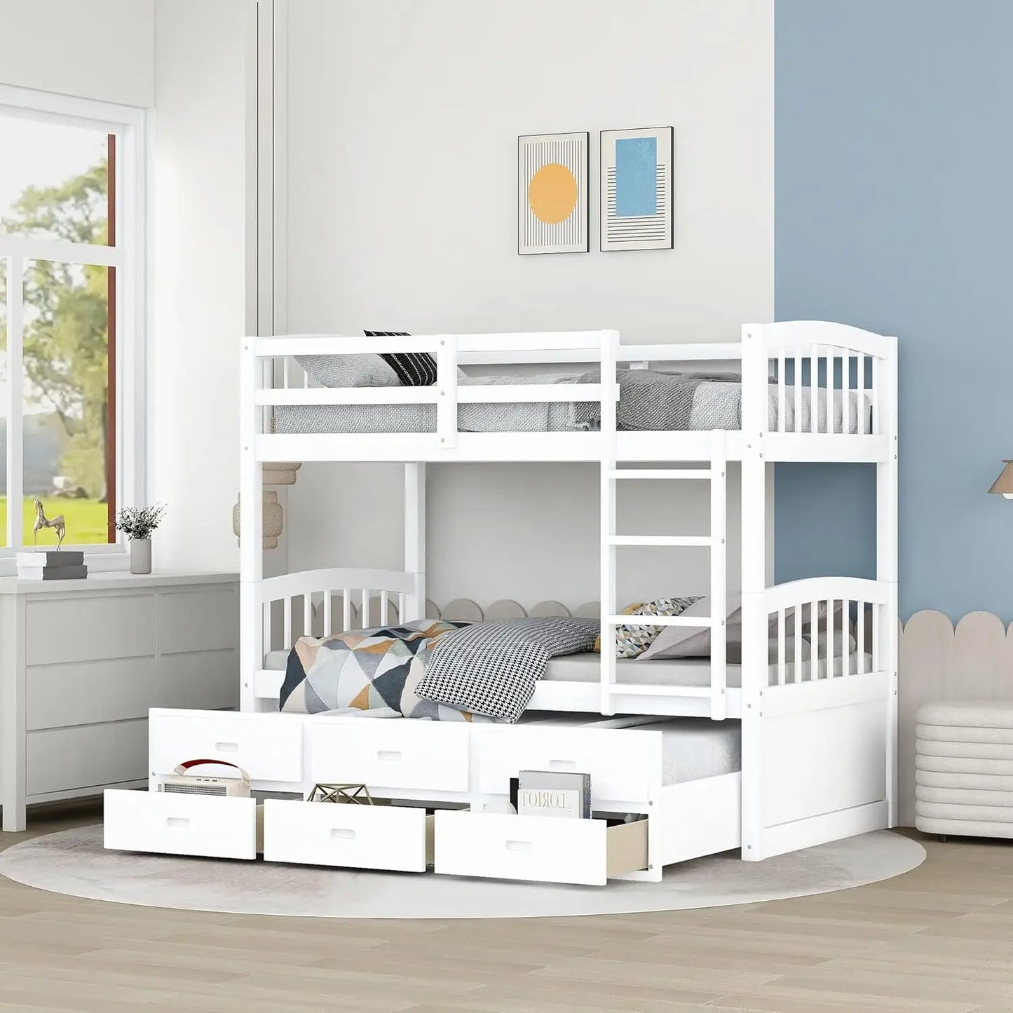 Twin Over Twin Bunk Bed with Trundle, 3 Storage Drawers, Safety Rail & Removable Ladder – Can Be Separated into 3 Beds