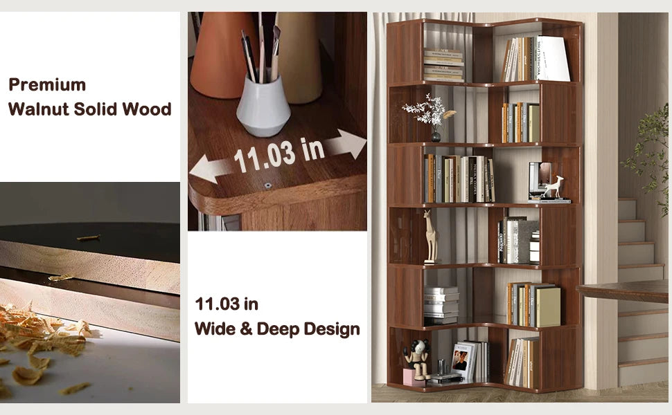 75 Inch Tall 6 Tier Corner Bookshelf Solid Wood Bookcase Shelf Organizer Open Display Rack Walnut