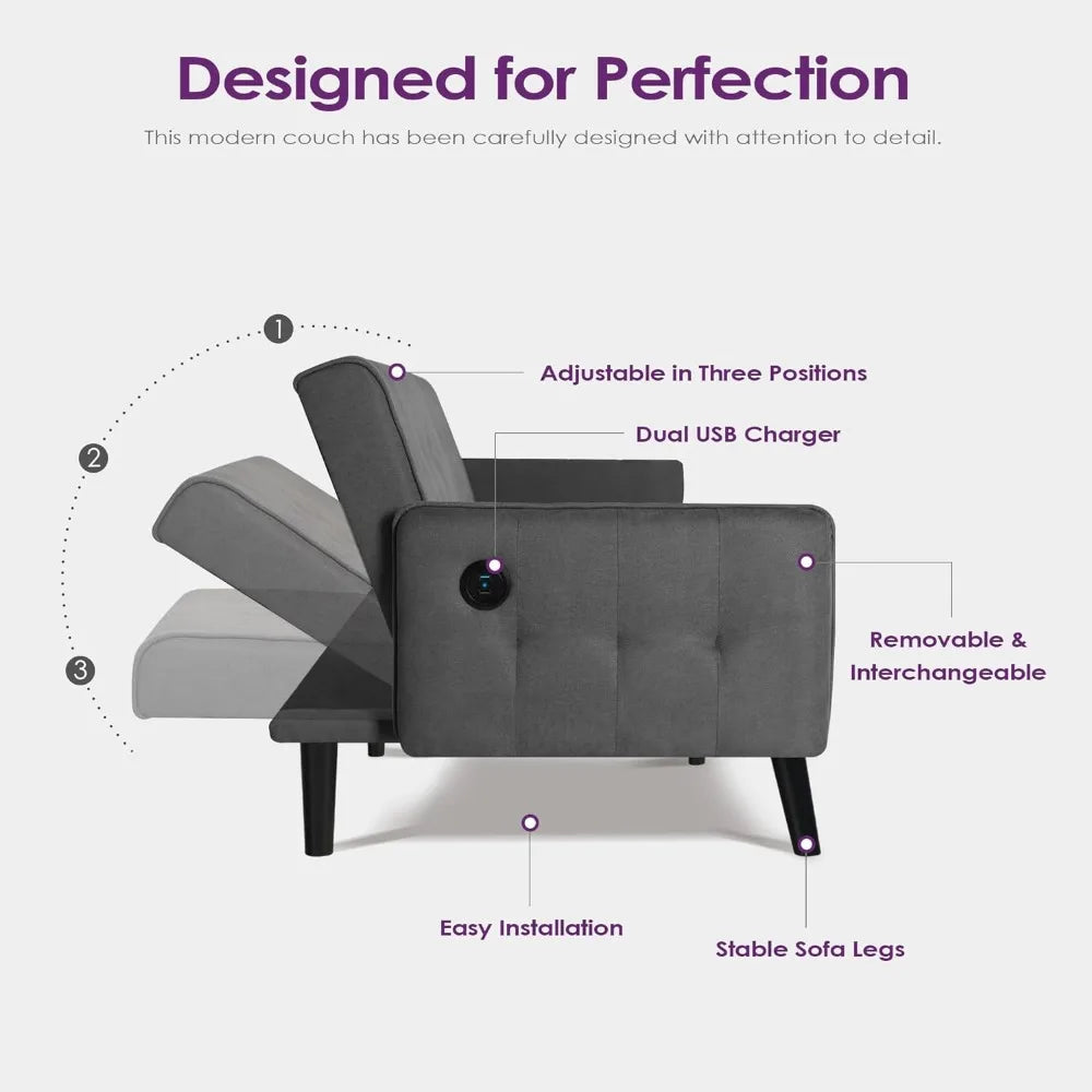 65" Convertible Futon Sofa Bed – Tufted Upholstered Loveseat with 2 USB Ports, Adjustable Folding Couch & Mid-Century Sleeper