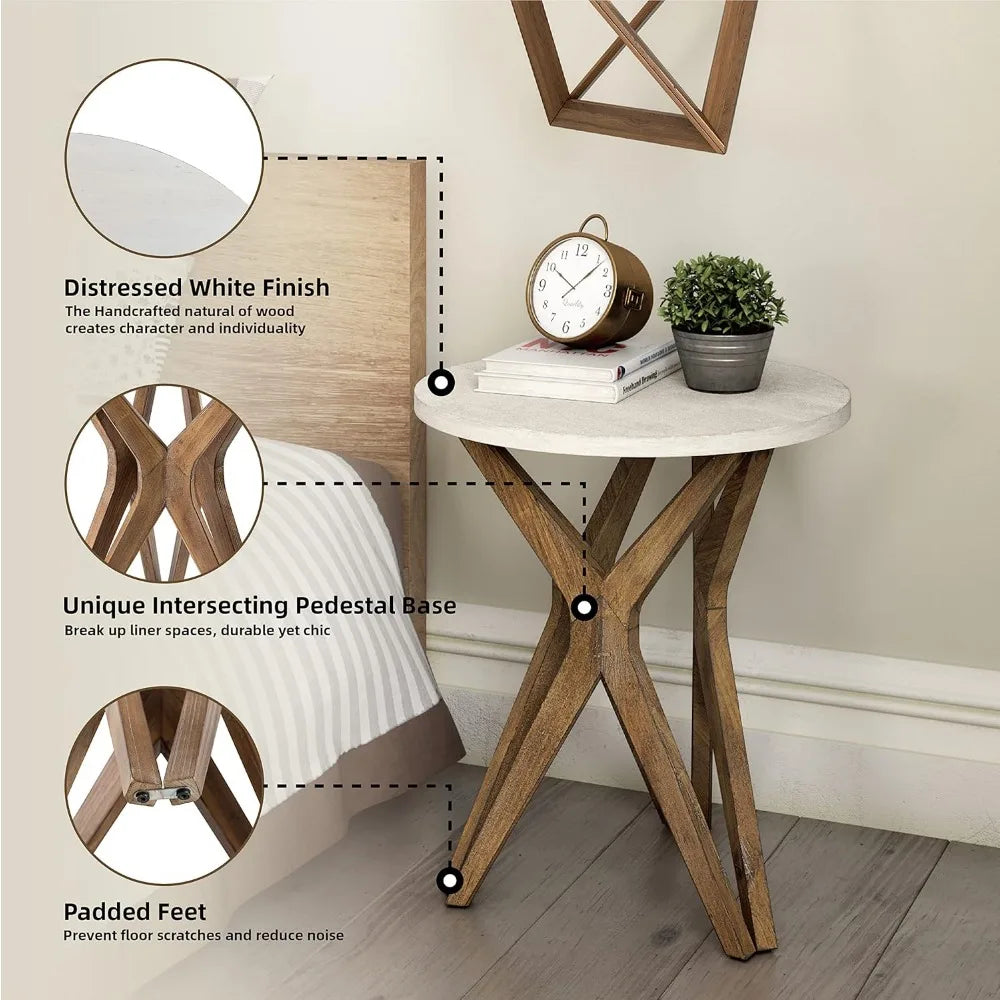 Pedestal Farmhouse End Table – Distressed Round Top with Tripod Base, Boho & Modern Bedside Table for Living Room