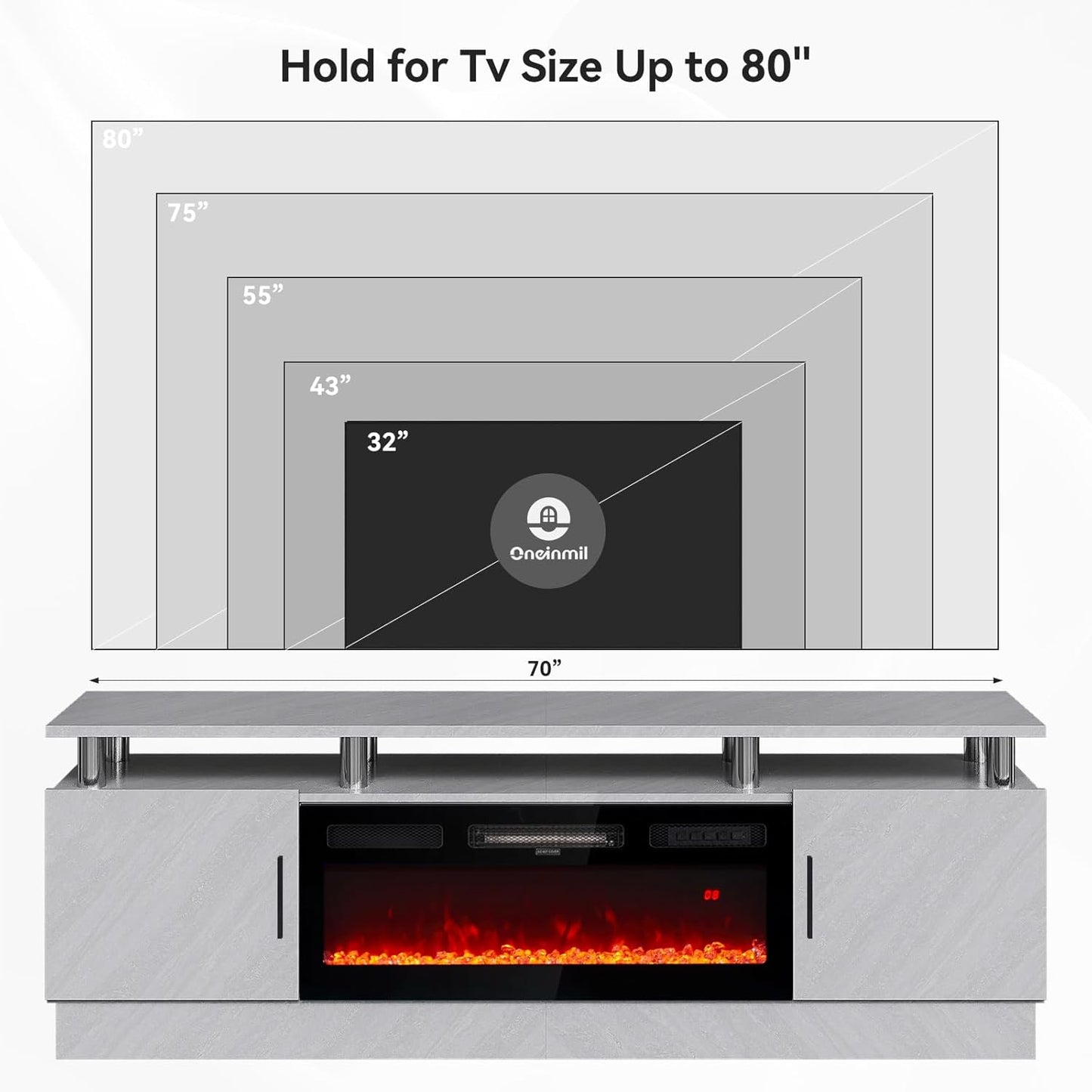 70" Electric Fireplace TV Stand, 80" TV Console, LED Flame & Lights