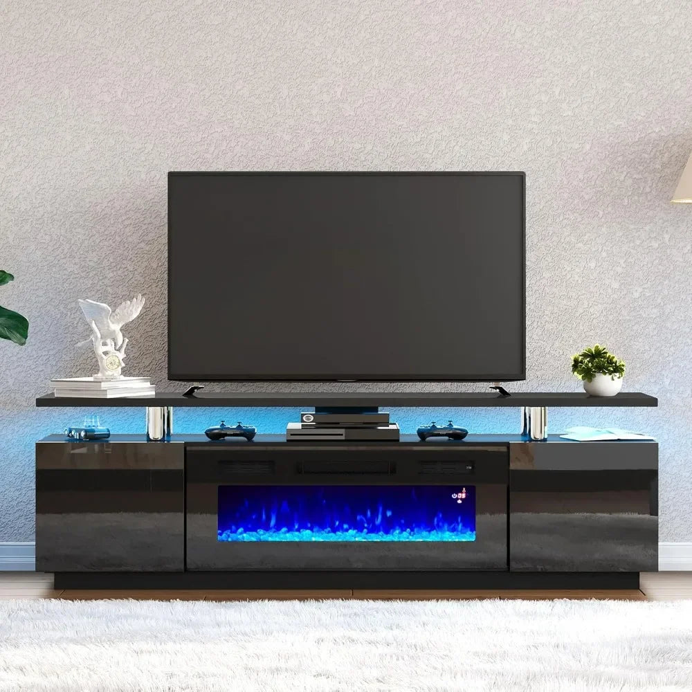 TV Cabinet, with Fireplace, Modern High Gloss Fireplace Entertainment Center LED Lights, 2 Tier TV Console Cabinet, Living Room