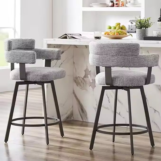 24" Counter Height Bar Stools Full Back Linen Upholstery (Set of 2)