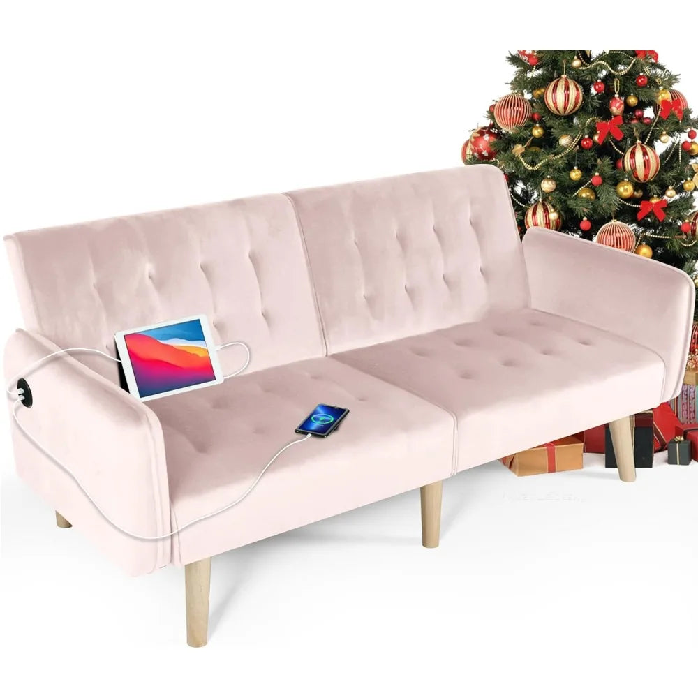 65" Convertible Futon Sofa Bed – Tufted Upholstered Loveseat with 2 USB Ports, Adjustable Folding Couch & Mid-Century Sleeper