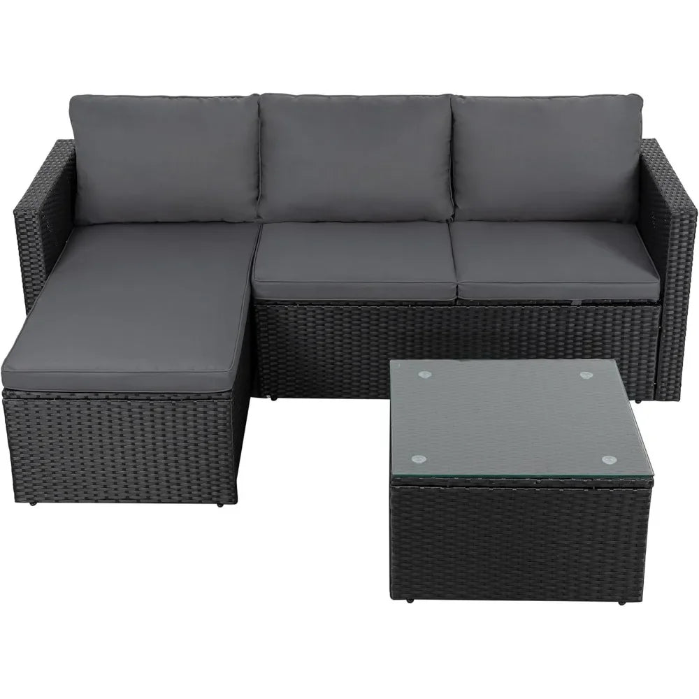 3-Piece Outdoor Patio Furniture Set – All-Weather Rattan Sectional Sofa with Washable Cushions & Glass Coffee Table