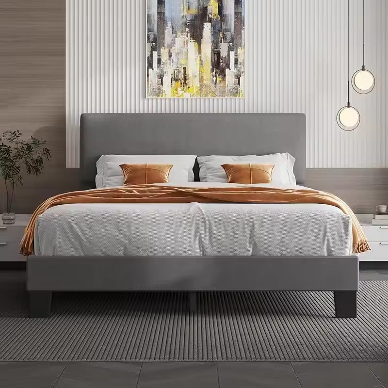 Queen Linen Upholstered Headboard Bed Frame with Wood Slats Support - No Box Spring Needed, Heavy Duty Feet, Easy Assembly