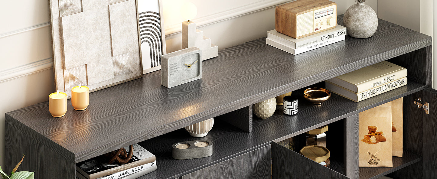 Vintage 63" Black Buffet Cabinet 4-Door Kitchen Storage, Coffee Bar, Console & Display Cabinet