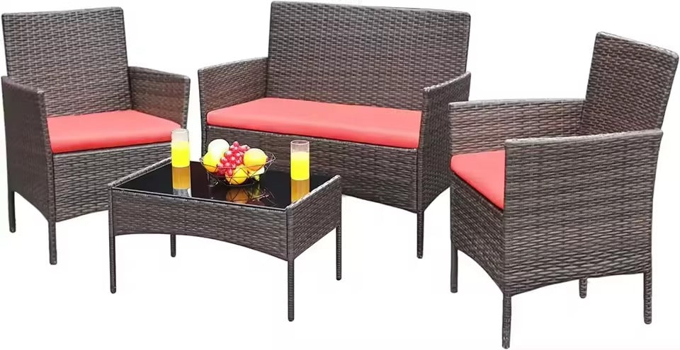 4-Piece Outdoor Sofa Set Wicker Rattan Chairs, Cushioned Patio Furniture & Glass Table