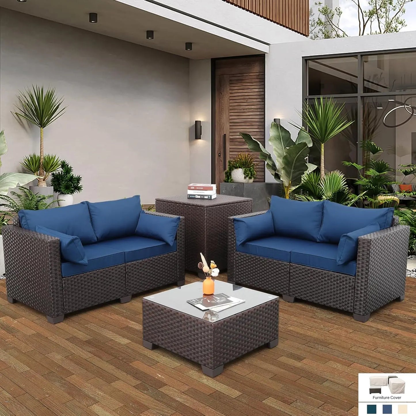 4-Piece Outdoor Courtyard Furniture Set – Willow Sofa with Cushions & Coffee Table, Garden Patio Sofa Set