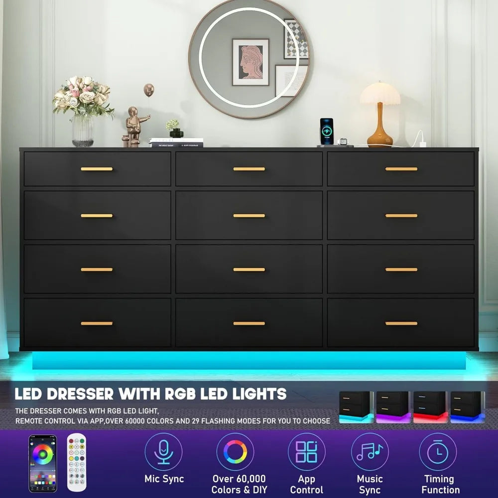 12-Drawer Dresser with Power Outlet and 60000-Color Lights 63-Inch Long Wooden Tall Storage Cabinet for Bedroom