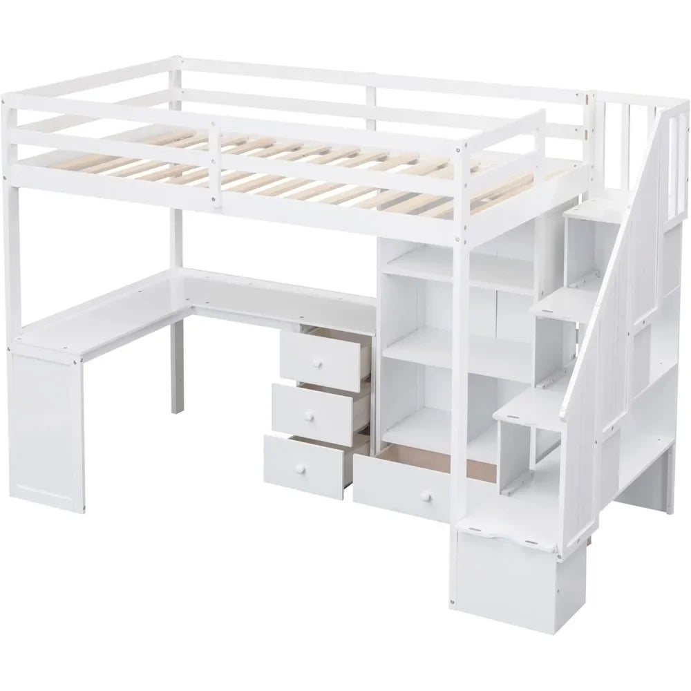 Twin Size Loft Bed with Stairs & L-Shaped Desk – Wood Loft Bed with Storage Drawers & Shelves, Stairway Frame