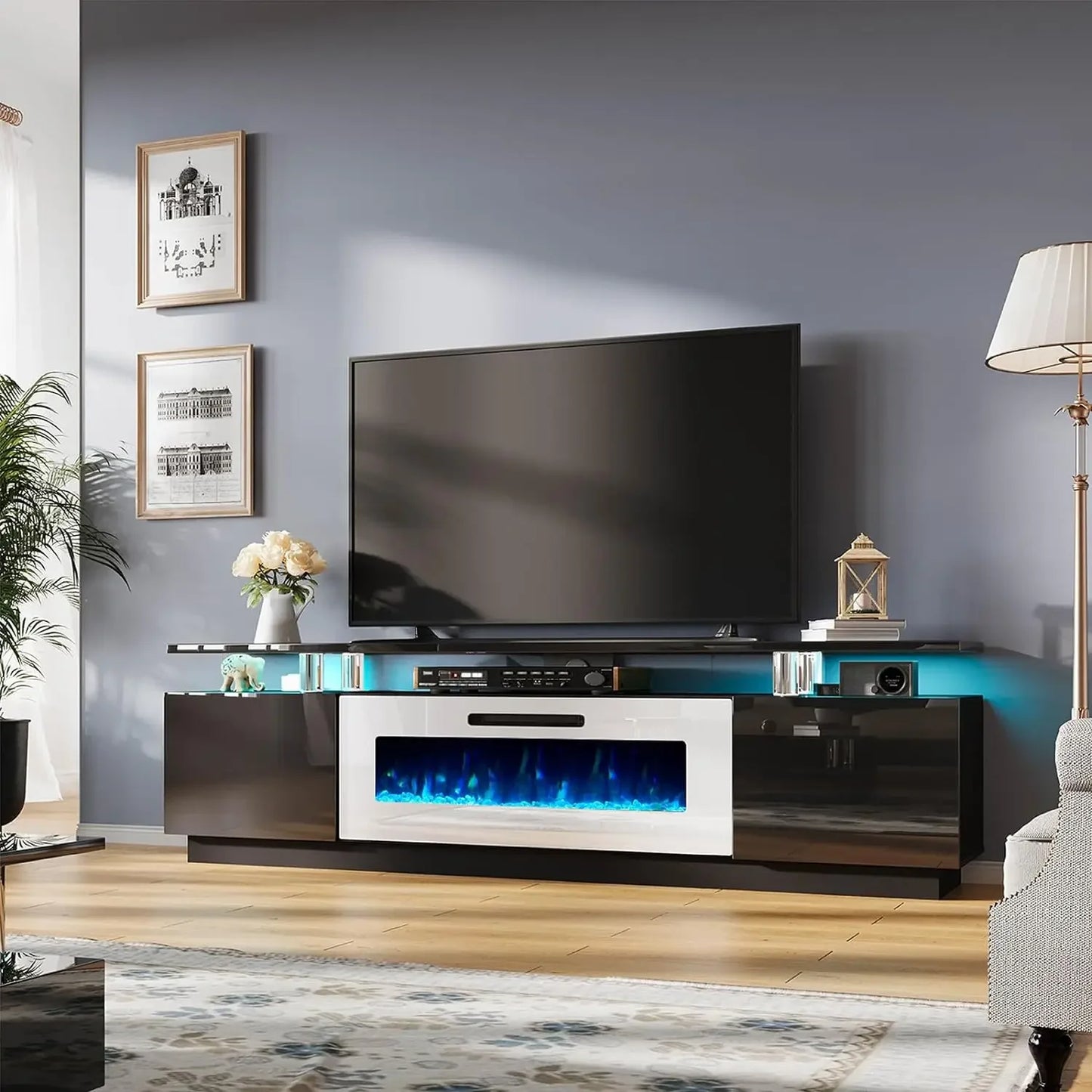 TV Cabinet, with Fireplace, Modern High Gloss Fireplace Entertainment Center LED Lights, 2 Tier TV Console Cabinet, Living Room