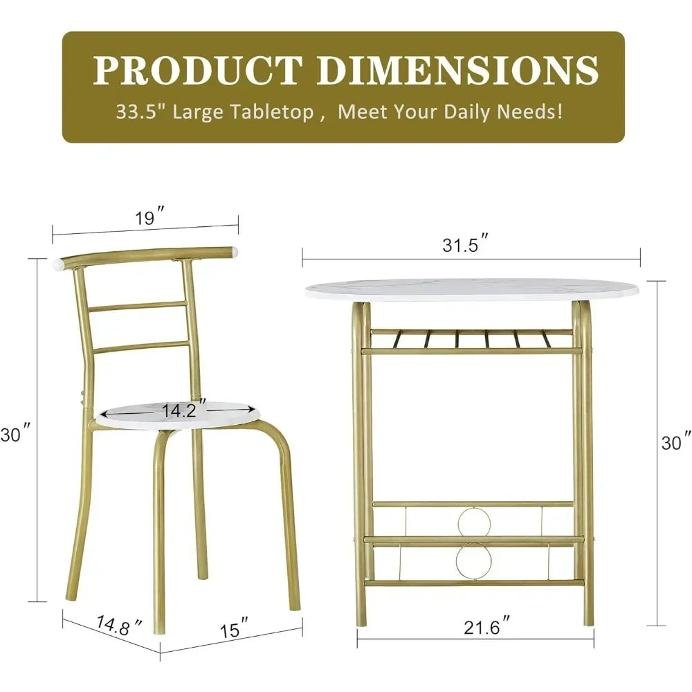3-Piece Round Dining Table Set Space-Saving Kitchen & Breakfast Nook Set with Wood Grain Tabletop & Built-in Wine Storage