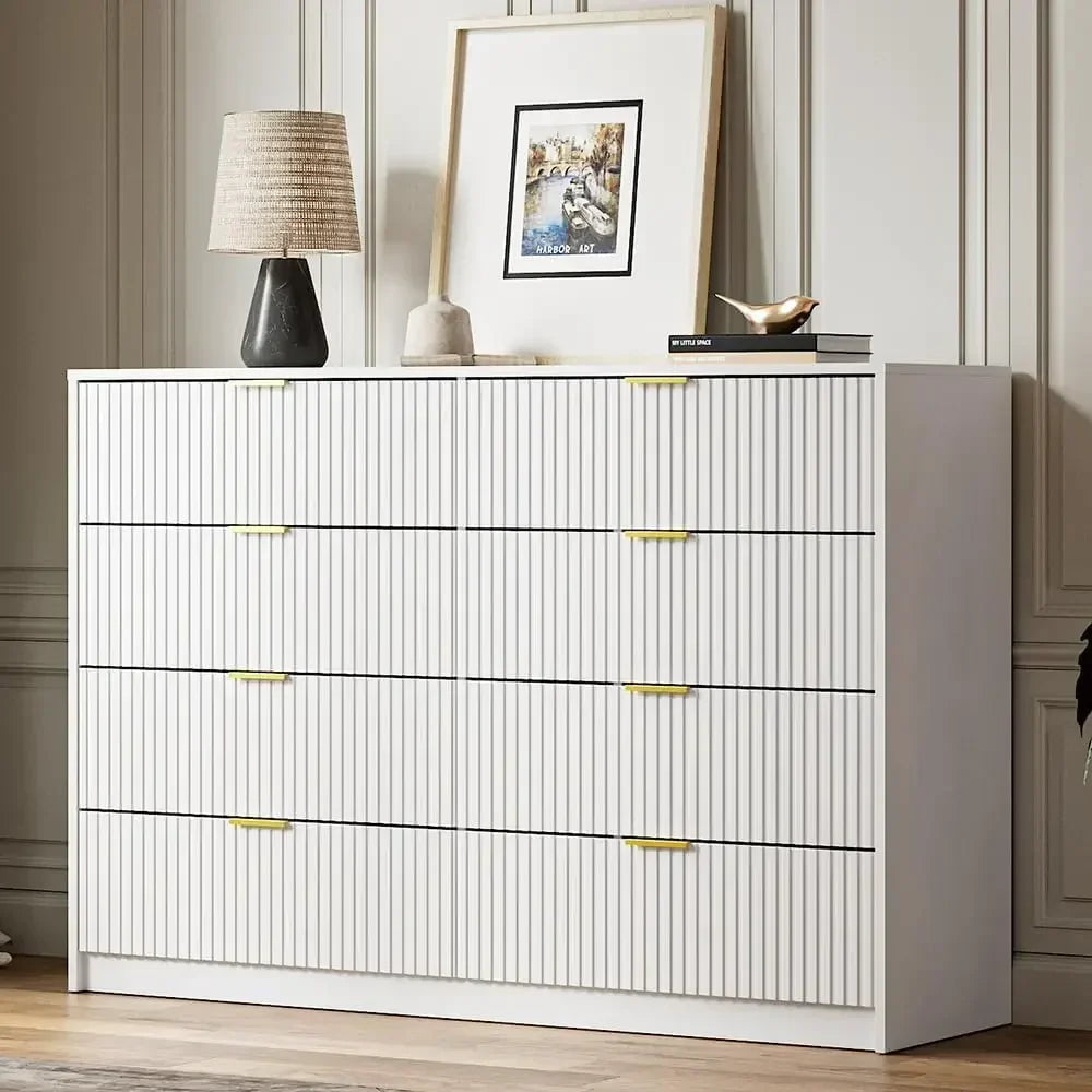 55" Wide Fluted 8-Drawer Dresser with Gold Handles Modern Tall Chest of Drawers for Bedroom