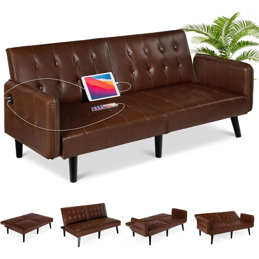 65" Convertible Futon Sofa Bed – Tufted Upholstered Loveseat with 2 USB Ports, Adjustable Folding Couch & Mid-Century Sleeper