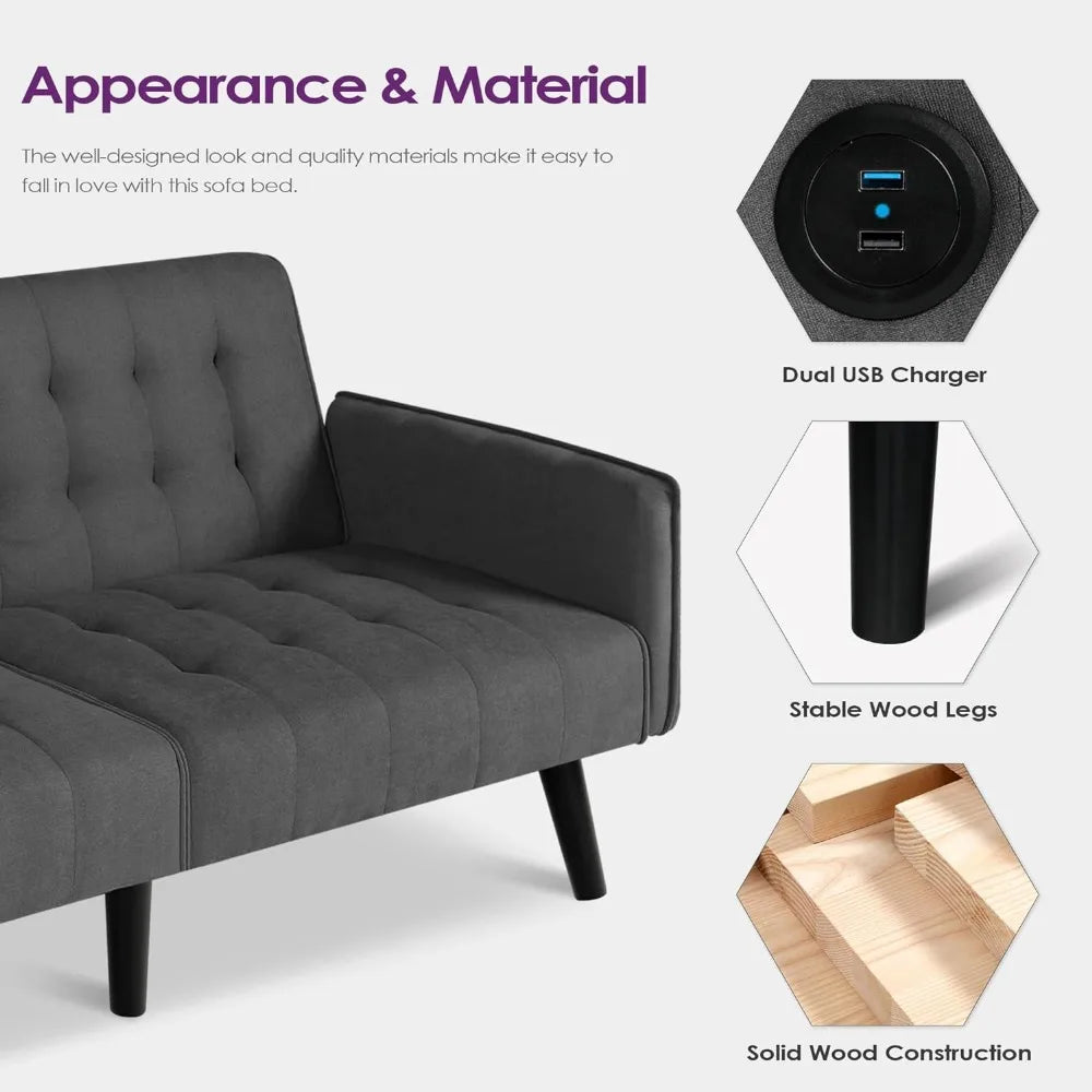 65" Convertible Futon Sofa Bed – Tufted Upholstered Loveseat with 2 USB Ports, Adjustable Folding Couch & Mid-Century Sleeper