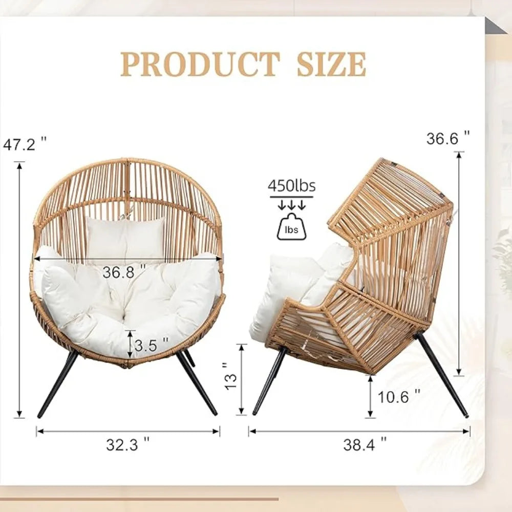 Wicker Egg Chair with Cushion PE Rattan Oversized Patio Lounge Chair for Outdoor Indoor Balcony Backyard Garden Beige