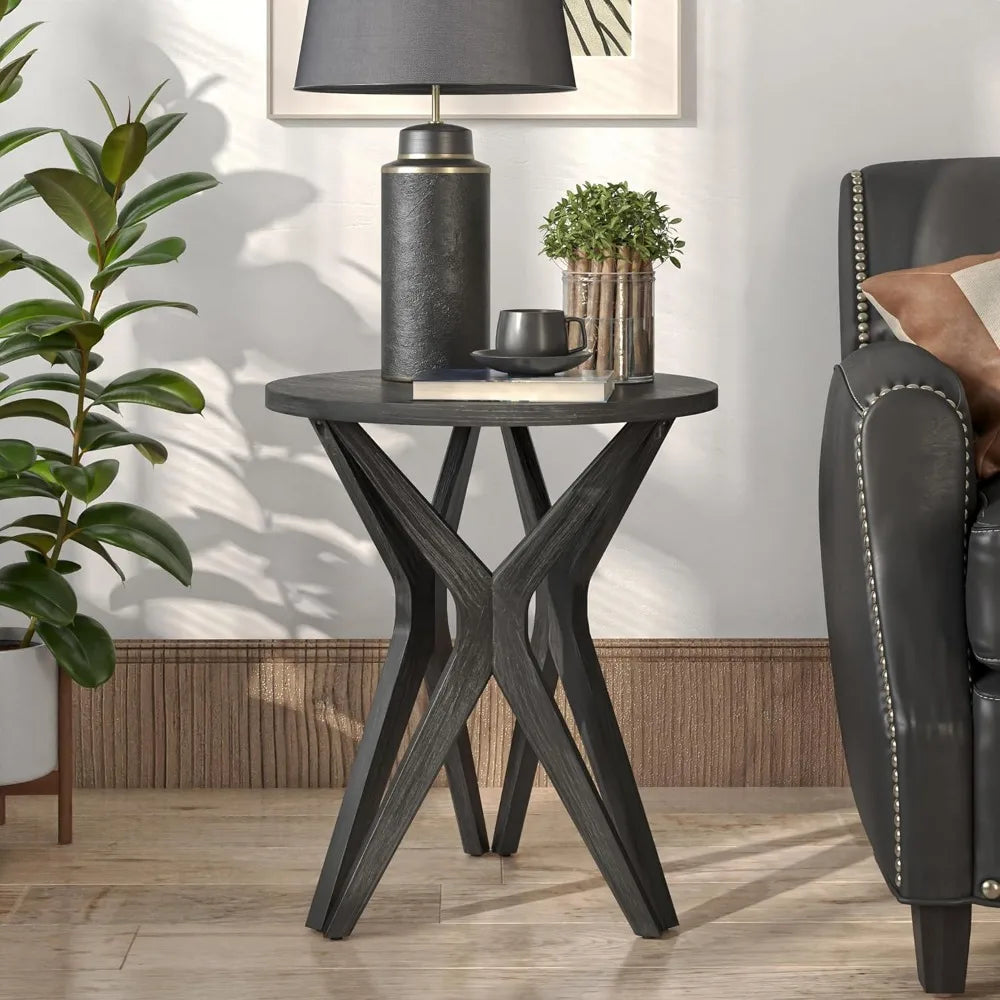 Pedestal Farmhouse End Table – Distressed Round Top with Tripod Base, Boho & Modern Bedside Table for Living Room
