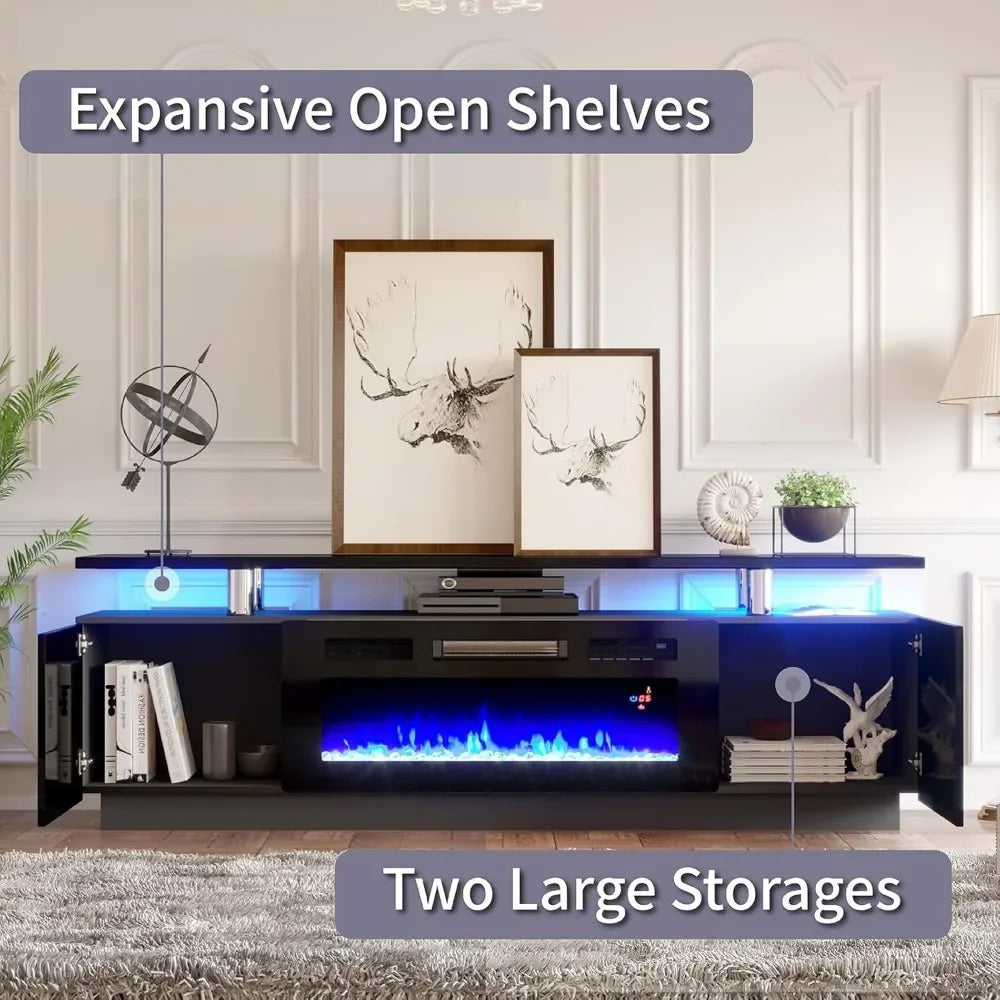 TV Cabinet, with Fireplace, Modern High Gloss Fireplace Entertainment Center LED Lights, 2 Tier TV Console Cabinet, Living Room