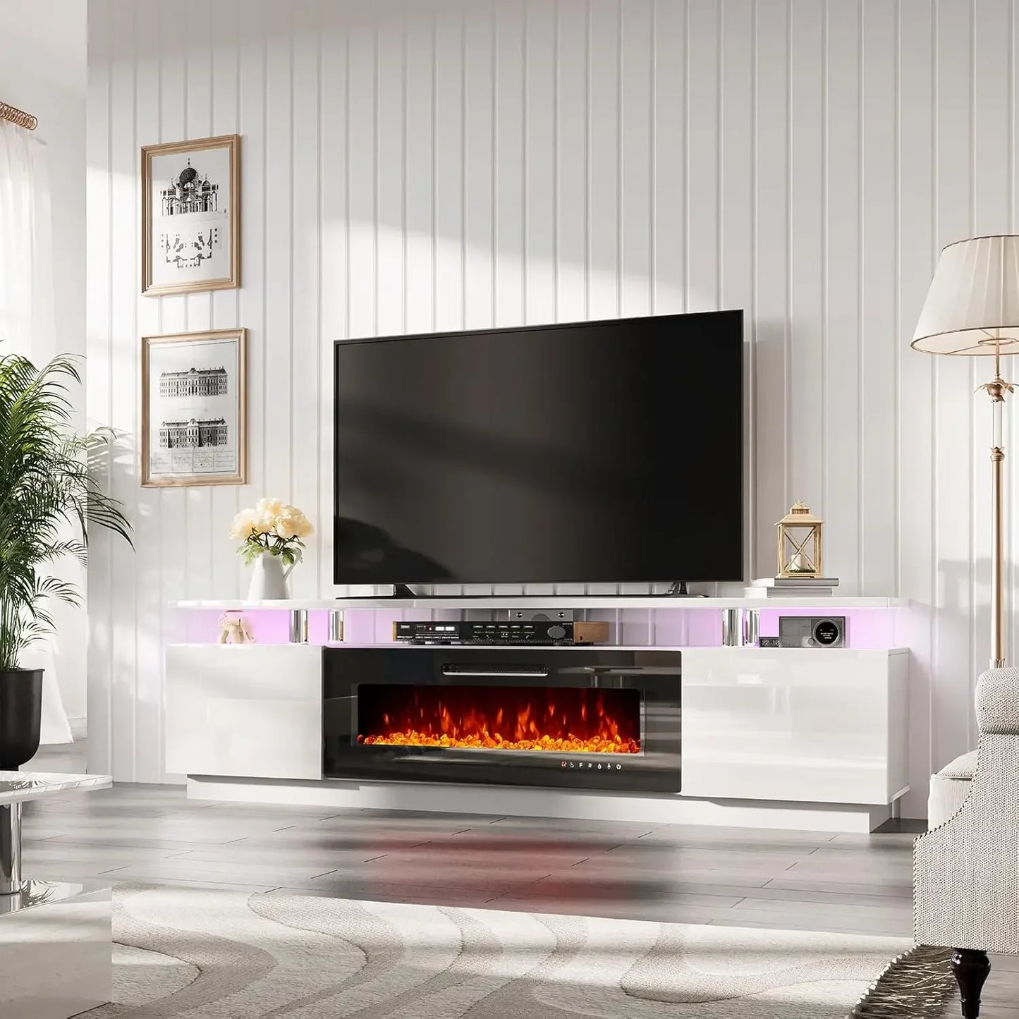 TV Cabinet, with Fireplace, Modern High Gloss Fireplace Entertainment Center LED Lights, 2 Tier TV Console Cabinet, Living Room