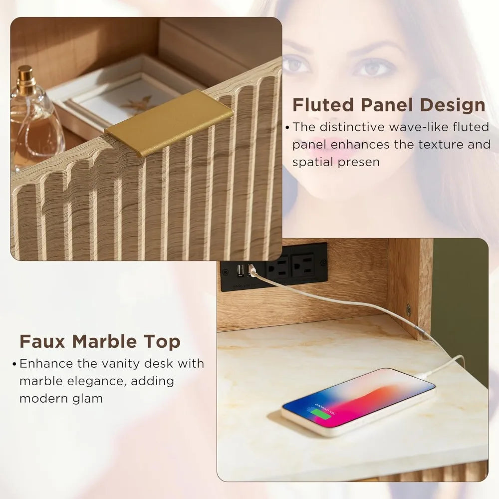 48" Fluted Makeup Vanity Desk, 36" Mirror & Lights, Glass Top, 5 Drawers