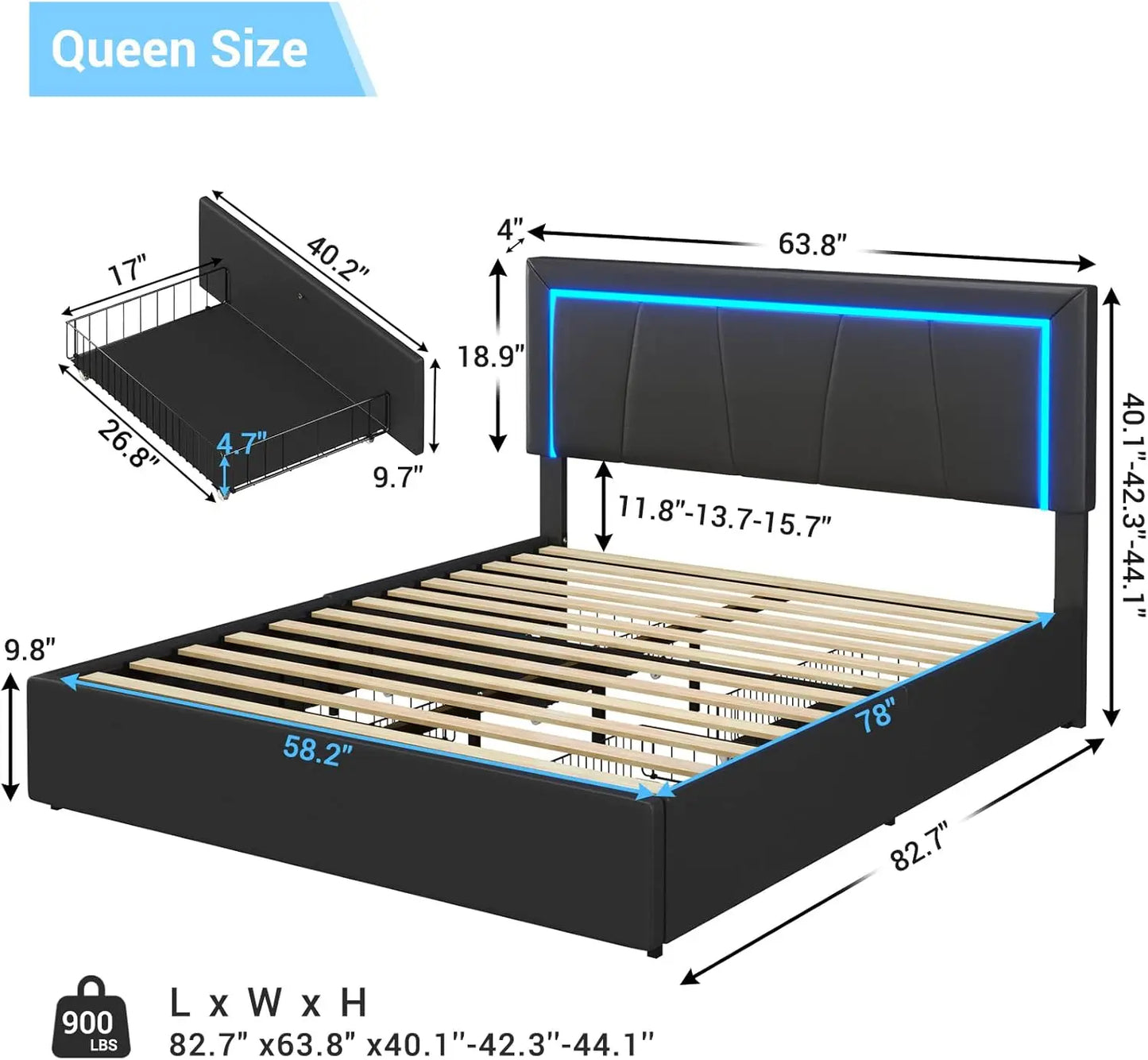 Queen LED Bed Frame with 4 Drawers & USB Ports Modern Upholstered Platform Bed with Storage, Black Faux Leather