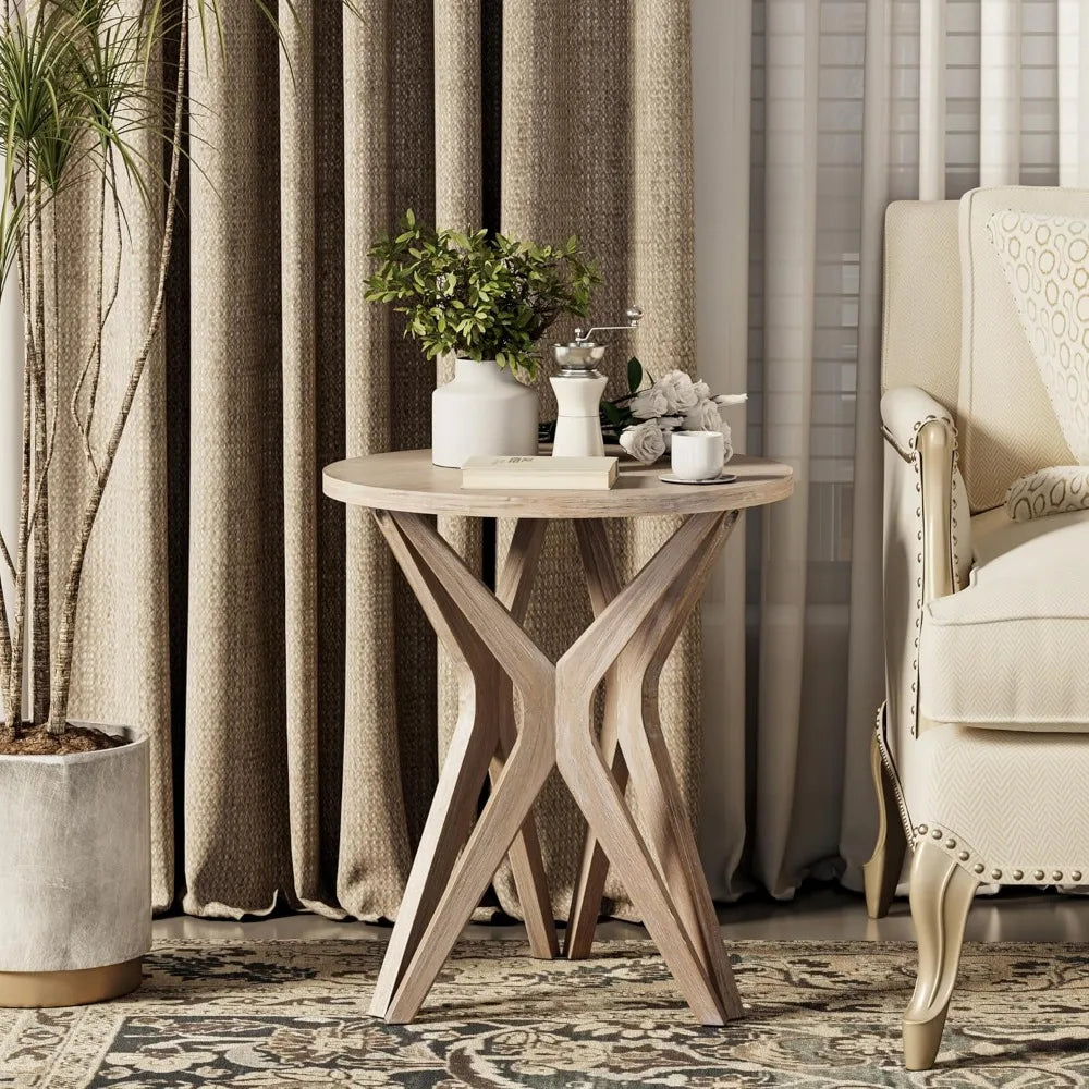 Pedestal Farmhouse End Table – Distressed Round Top with Tripod Base, Boho & Modern Bedside Table for Living Room