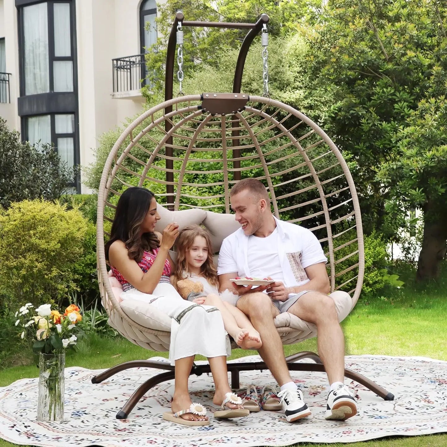 2 Person Double Egg Chair Outdoor Patio Wicker Loveseat Hanging Chair Swing Egg Chairs with Beige Cushions Double Seats