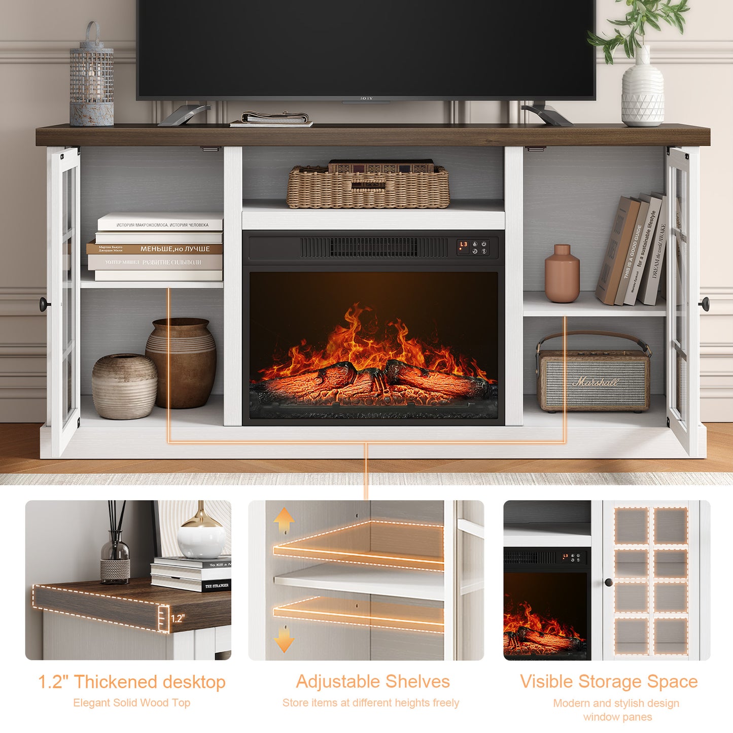 59" Fireplace TV Stand with 23" Electric Fireplace & Glass Door Storage