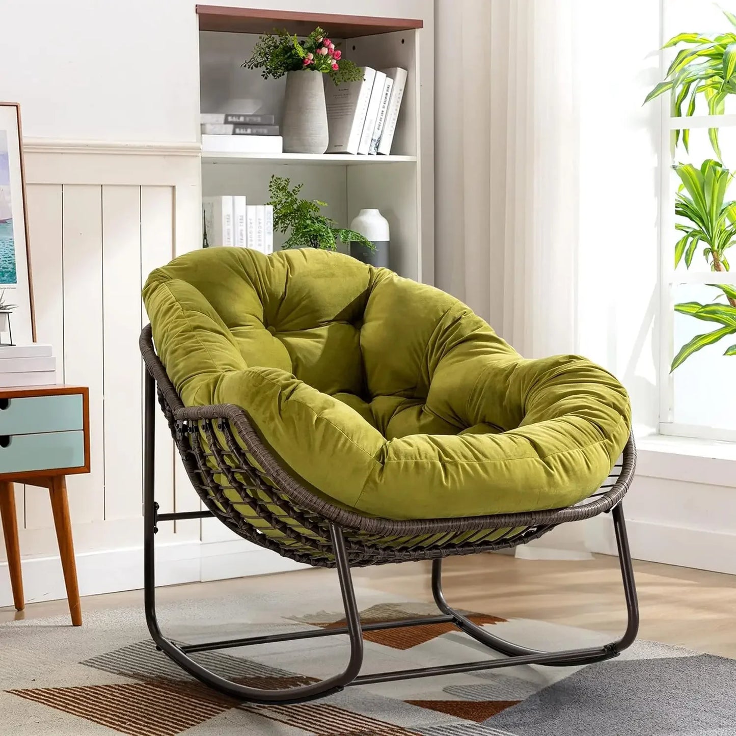 Oversized Rocking Papasan Chair with Thick Cushion and Frame Outdoor Wicker Egg Lounge Chair for Backyard and Balcony