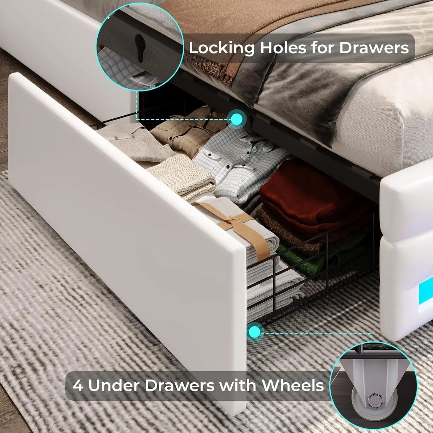 Full Size Upholstered LED Platform Bed with 4 Storage Drawers, Charging Station & LED Lights