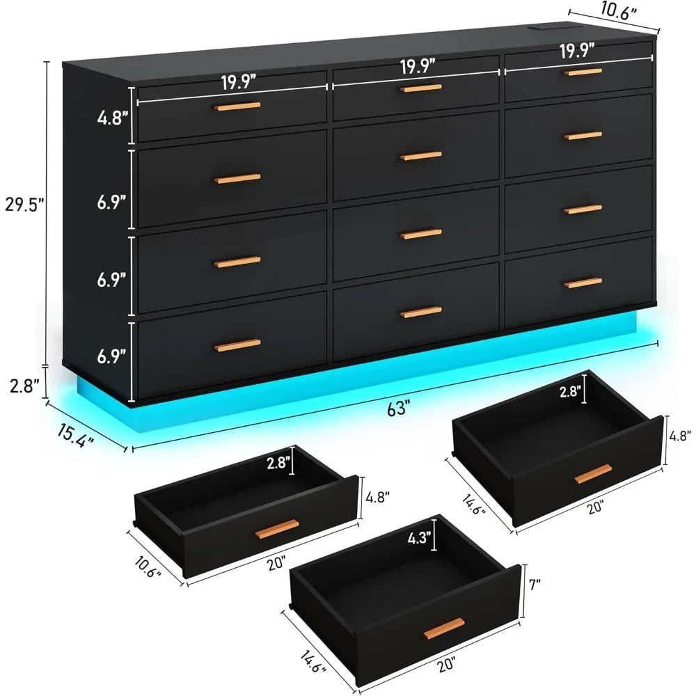 12-Drawer Dresser with Power Outlet and 60000-Color Lights 63-Inch Long Wooden Tall Storage Cabinet for Bedroom