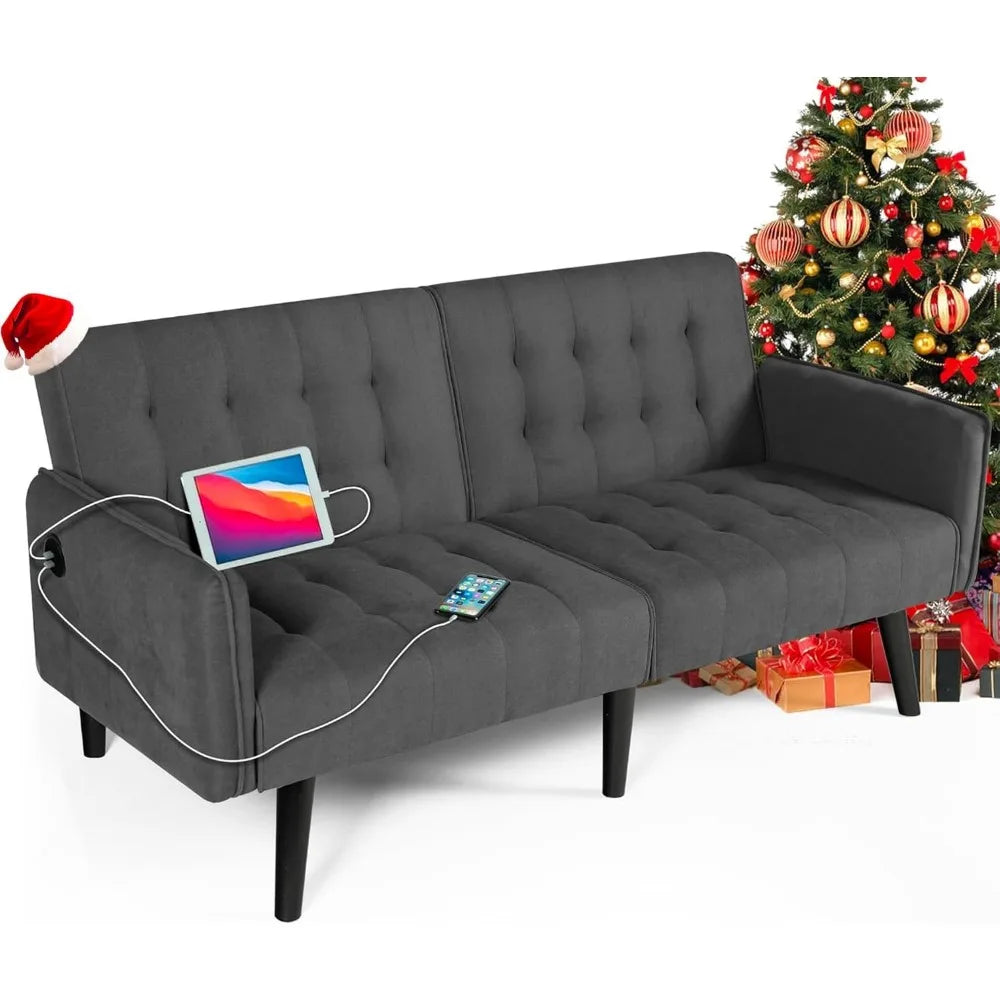 65" Convertible Futon Sofa Bed – Tufted Upholstered Loveseat with 2 USB Ports, Adjustable Folding Couch & Mid-Century Sleeper