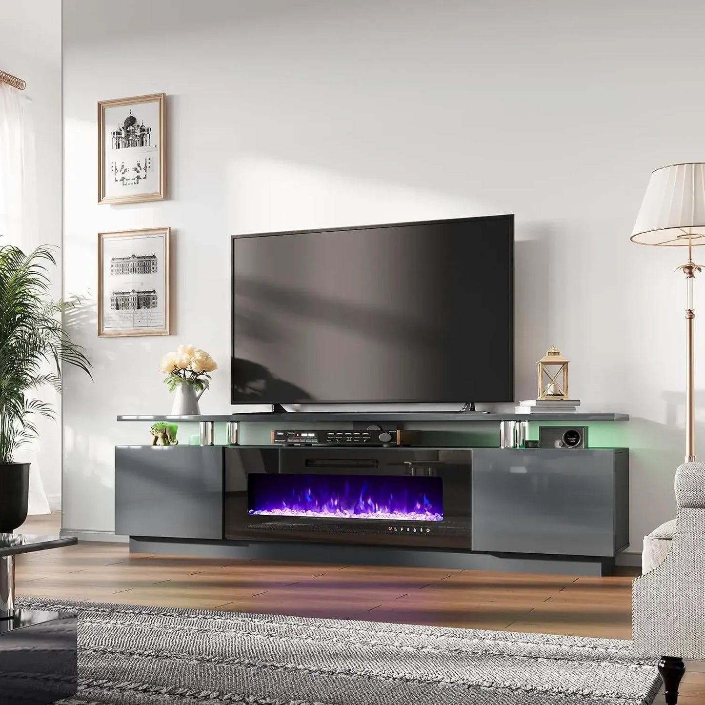 TV Cabinet, with Fireplace, Modern High Gloss Fireplace Entertainment Center LED Lights, 2 Tier TV Console Cabinet, Living Room