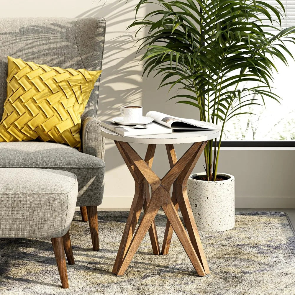 Pedestal Farmhouse End Table – Distressed Round Top with Tripod Base, Boho & Modern Bedside Table for Living Room