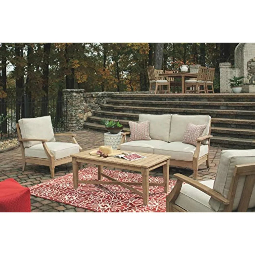 View Coastal Outdoor Loveseat – Eucalyptus Frame with Beige Cushions for Patio & Garden