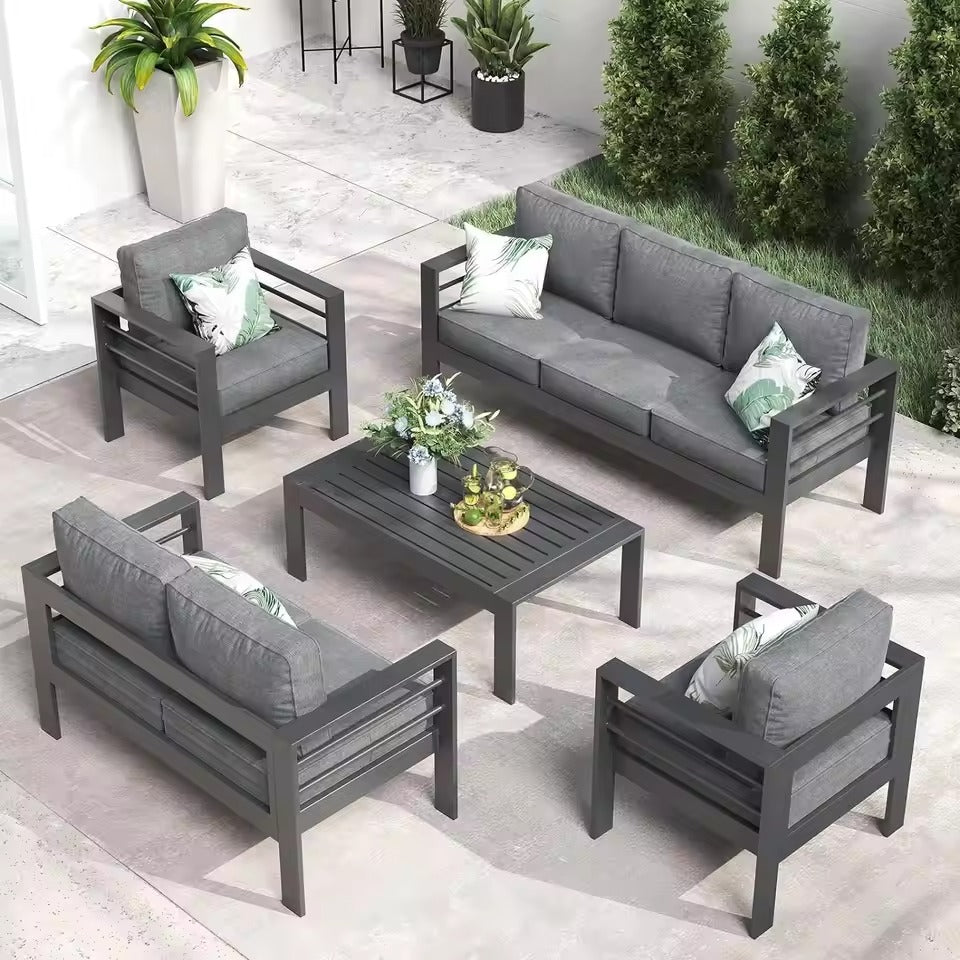 Modern Aluminum Patio Conversation Set 5-Piece Sectional Sofa with Fire Pit Table