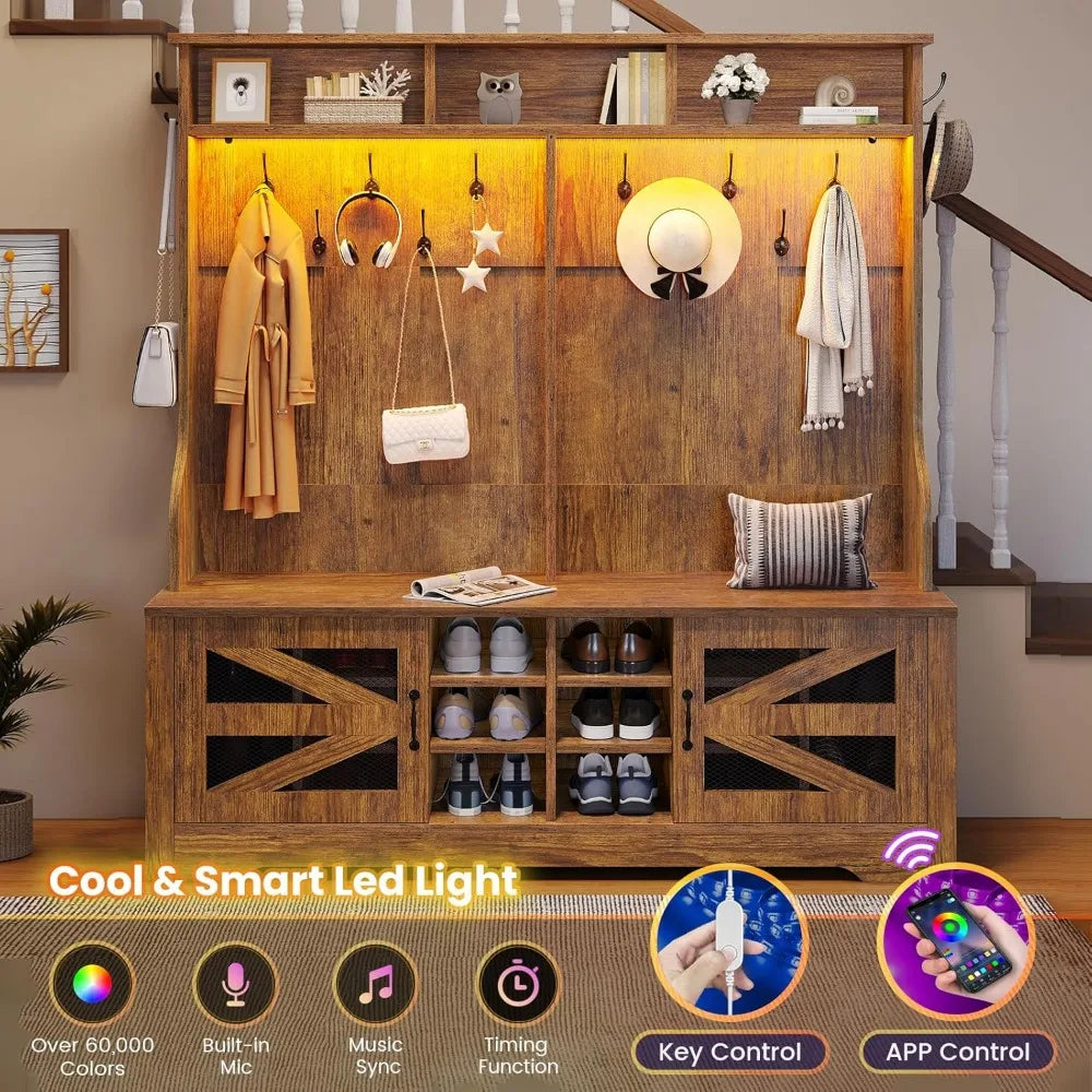 5-in-1 Hall Tree with Bench and Shoe Storage Entryway Bench with Coat Rack 16 Shoe Cubbies Barn Door & Adjustable Shelf