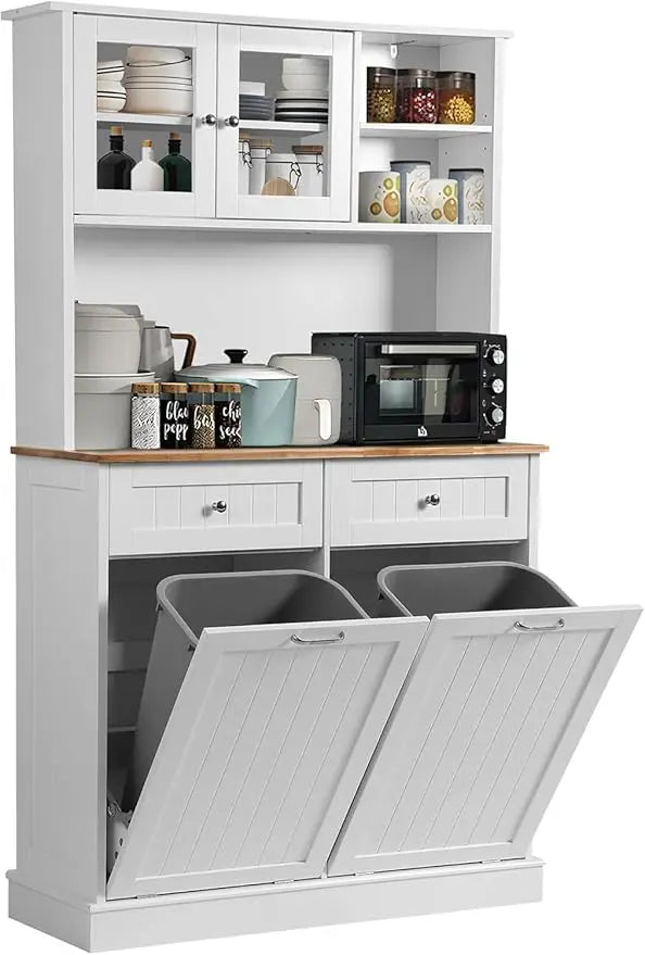 Kitchen Pantry Storage Cabinet with Microwave and Tilt-Out Trash Cabinet Tall Freestanding Cupboard for Kitchen