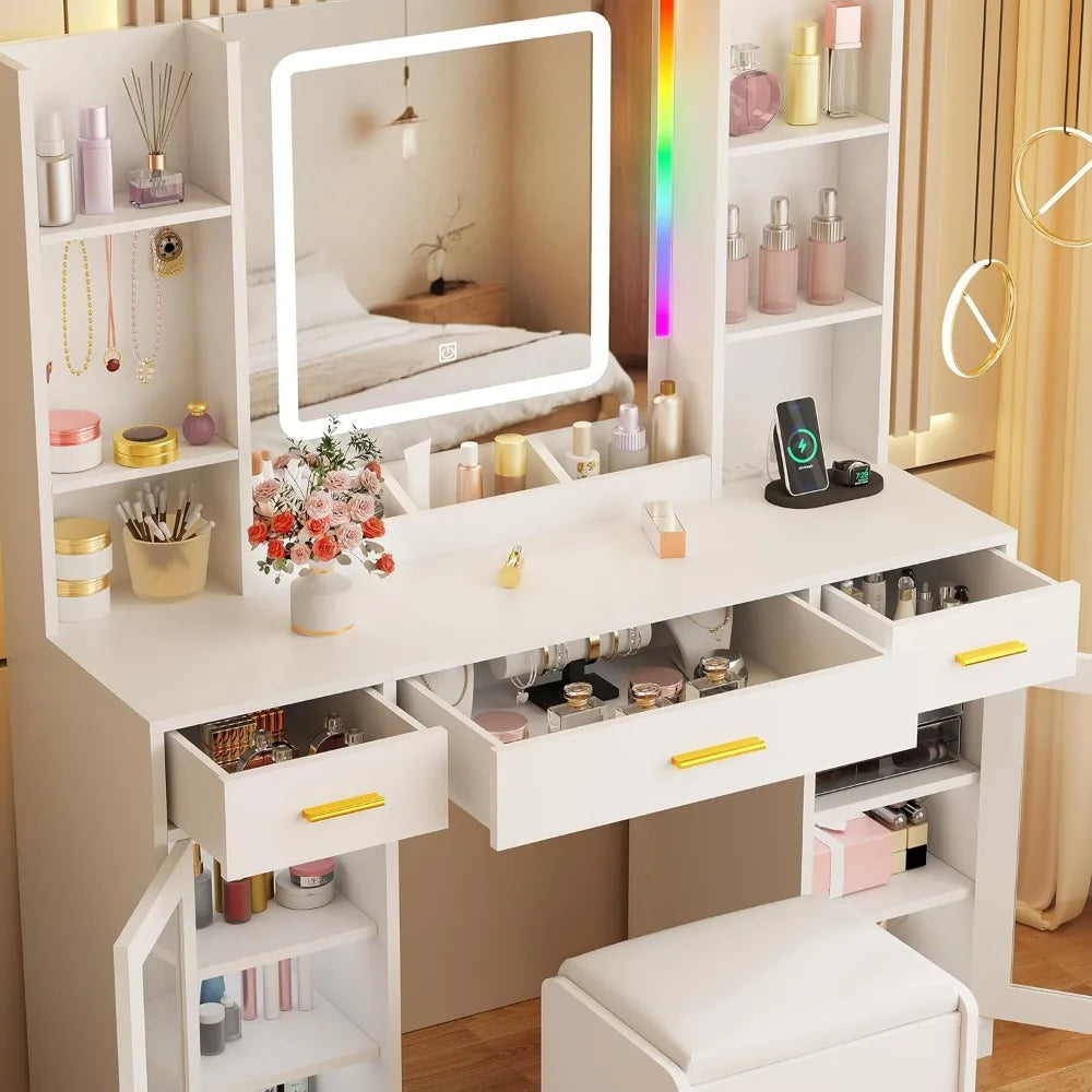 43.3" Vanity Desk with Mirror and RGB Lights 3 Colors Makeup Vanity Set with Power Strip Large Dressing Table