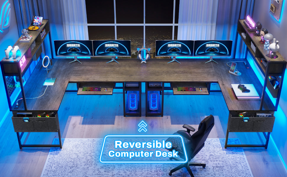 94.5" SEDETA L-Shaped Desk with LED Power Outlet, Pegboard & Keyboard Tray