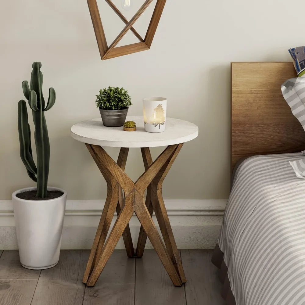 Pedestal Farmhouse End Table – Distressed Round Top with Tripod Base, Boho & Modern Bedside Table for Living Room