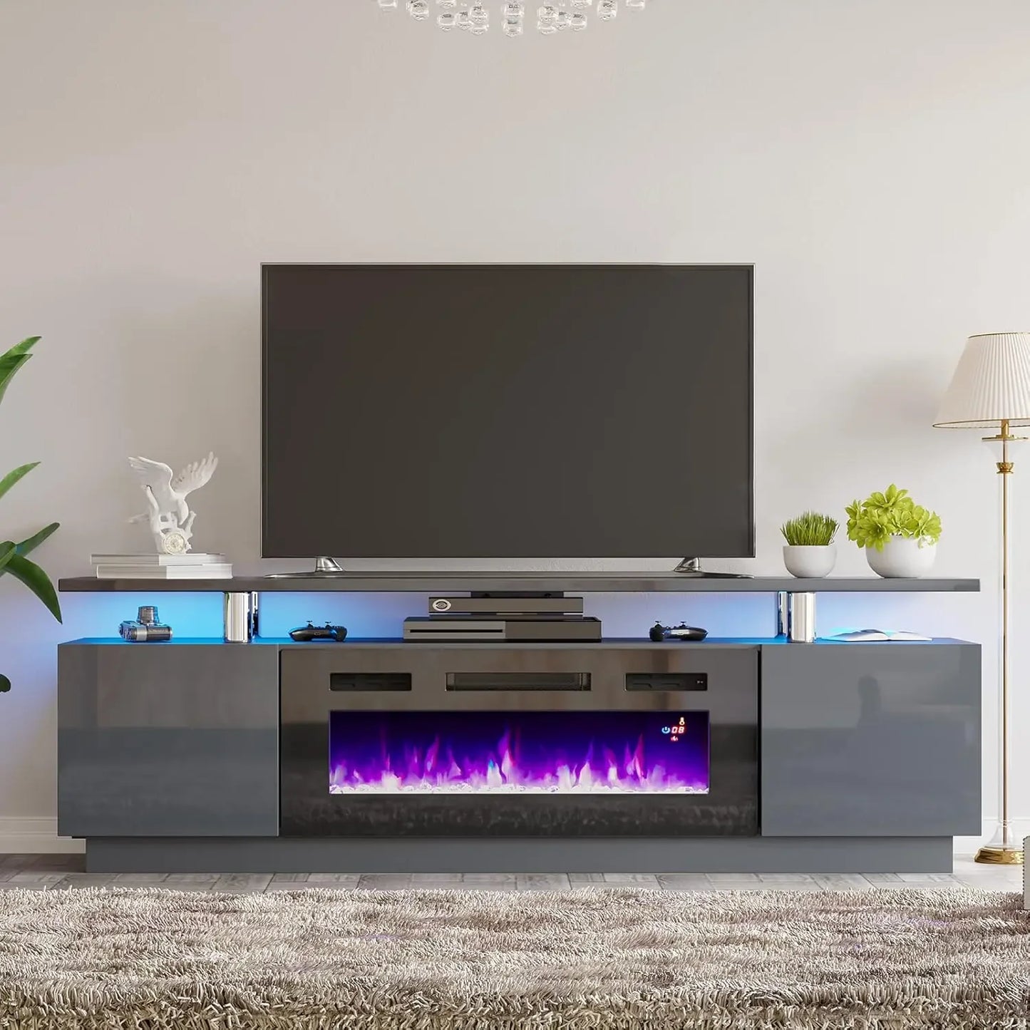 TV Cabinet, with Fireplace, Modern High Gloss Fireplace Entertainment Center LED Lights, 2 Tier TV Console Cabinet, Living Room