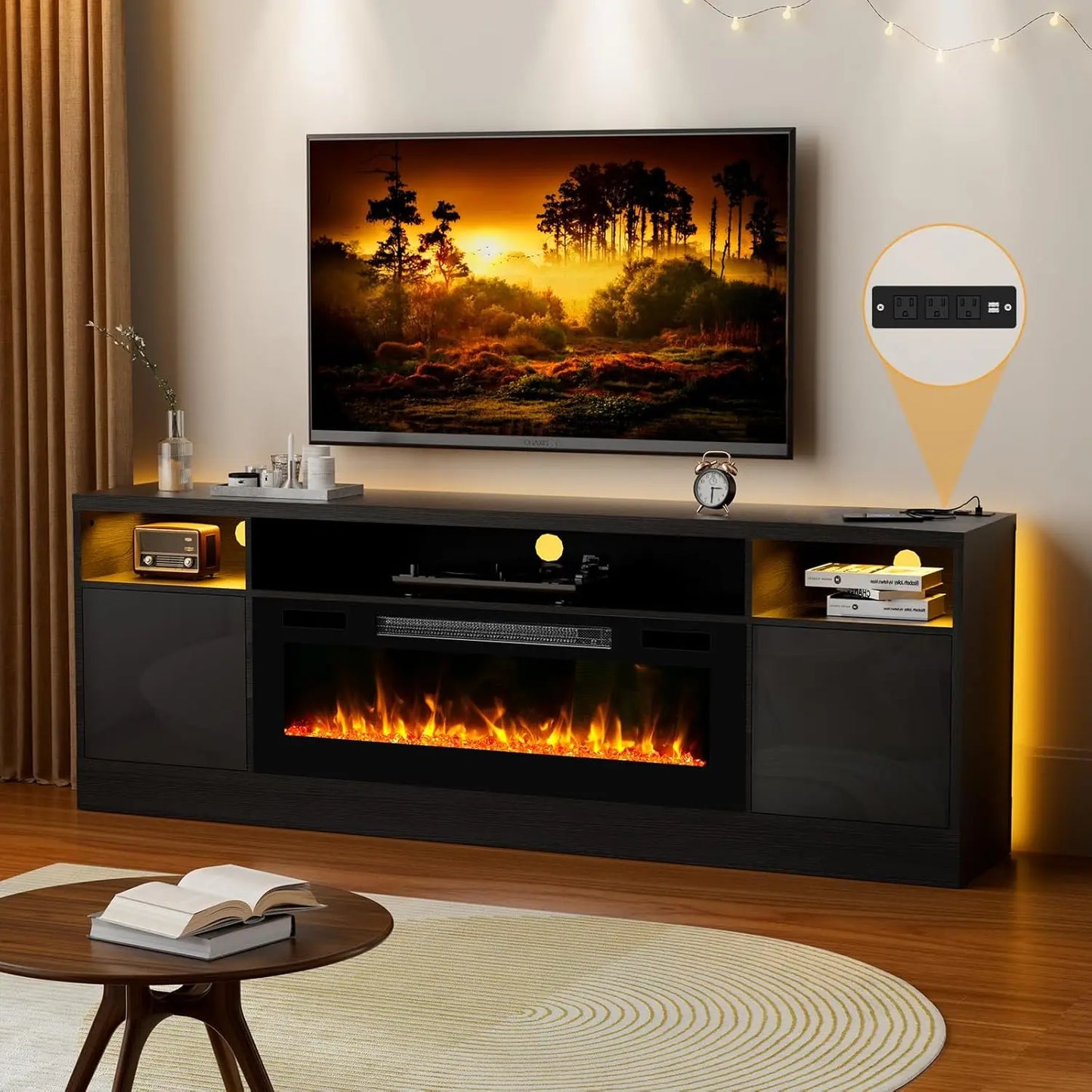 70'' TV Stand with 36'' Fireplace & LED Lights – Modern Entertainment Center for 75+ Inch TV, Black TV Cabinet with Storage