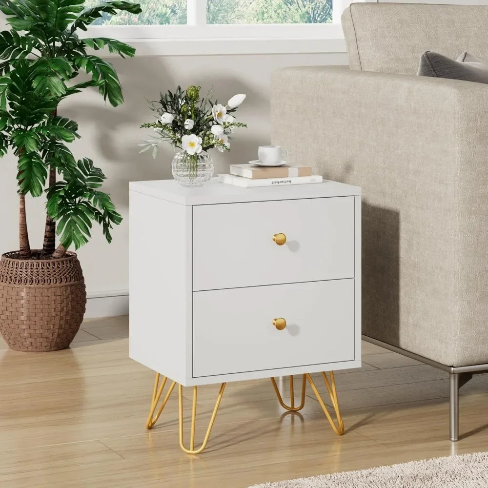 Set of 2 White Nightstands with 2 Drawers End Side Tables Dual Night Stands with Metal Legs for Bedroom Living Room