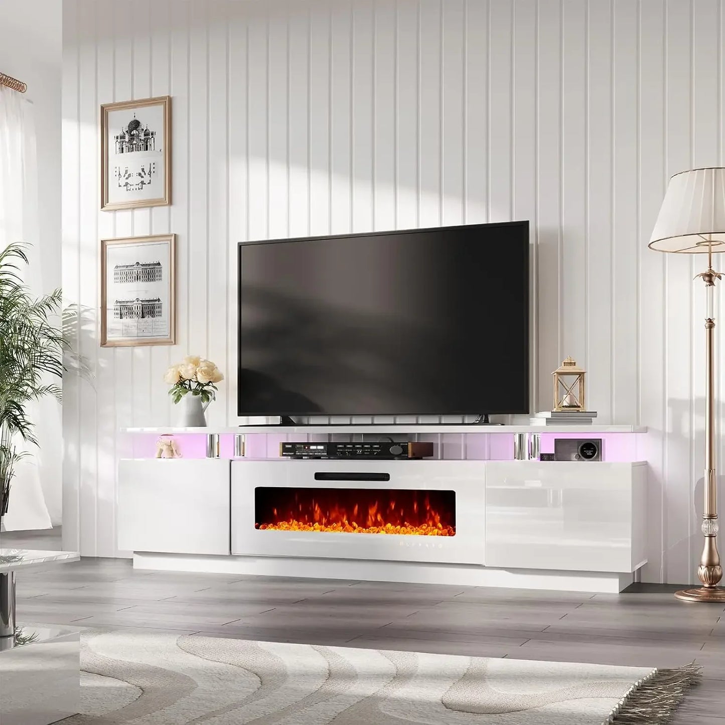 TV Cabinet, with Fireplace, Modern High Gloss Fireplace Entertainment Center LED Lights, 2 Tier TV Console Cabinet, Living Room
