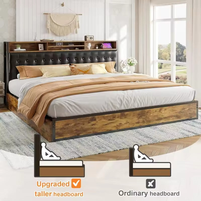 King Bed Frame with 4 Drawers Upholstered Headboard & Storage Bed